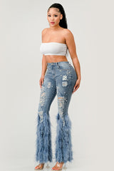 Distressed Pearl Embellished Feather Detail Jeans