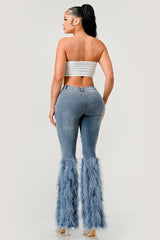 Distressed Pearl Embellished Feather Detail Jeans