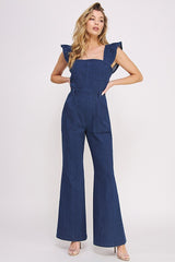 DENIM RUFFLE FLARE LEG JUMPSUIT