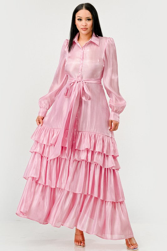 Pink Elegant Tiered Maxi Dress