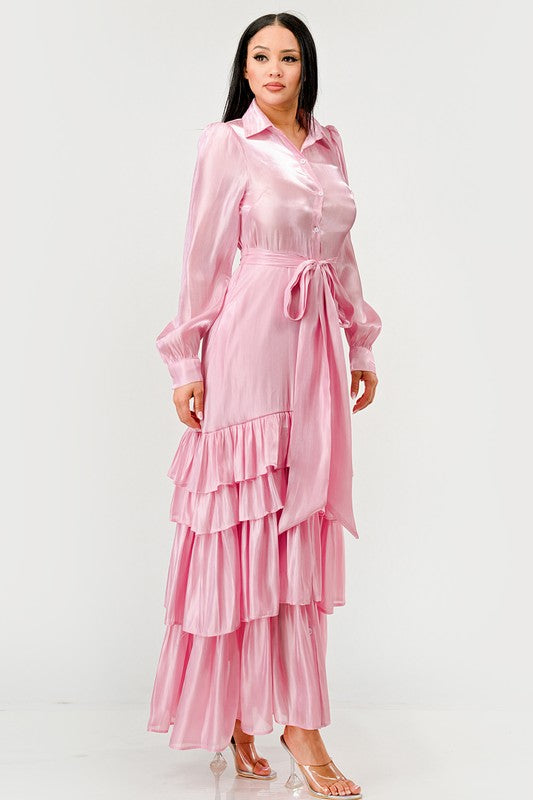 Pink Elegant Tiered Maxi Dress