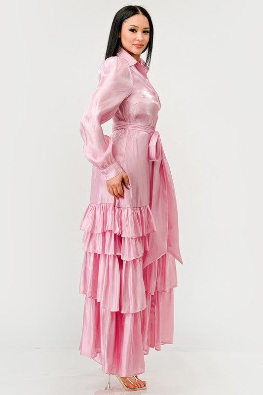 Pink Elegant Tiered Maxi Dress