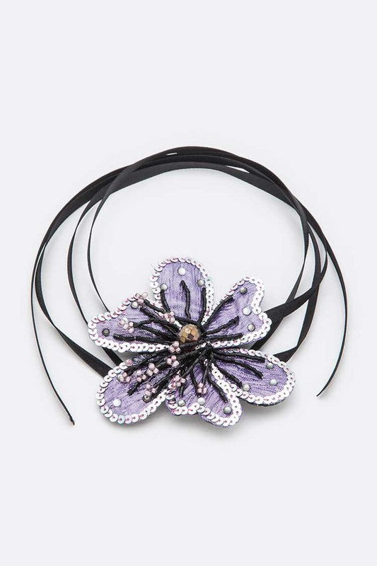 Metallic Sequins Beaded Flower Convertible Choker