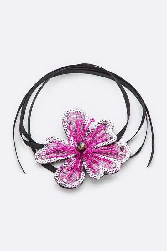 Metallic Sequins Beaded Flower Convertible Choker