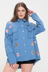 PATCHWORK FRAYED HEM BUTTON DOWN COLLARED TOP