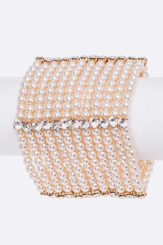 Crystal Accent Layered Pearl Statement Bracelet