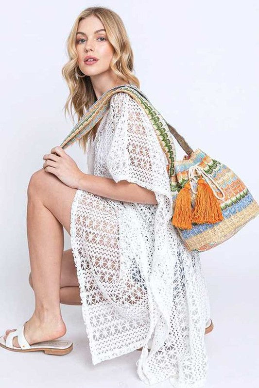 Mix Color Tassel Boho Swing Bucket Bag