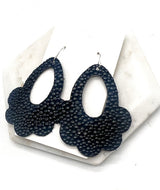 Black Pebble Flourish Flower Leather Earrings