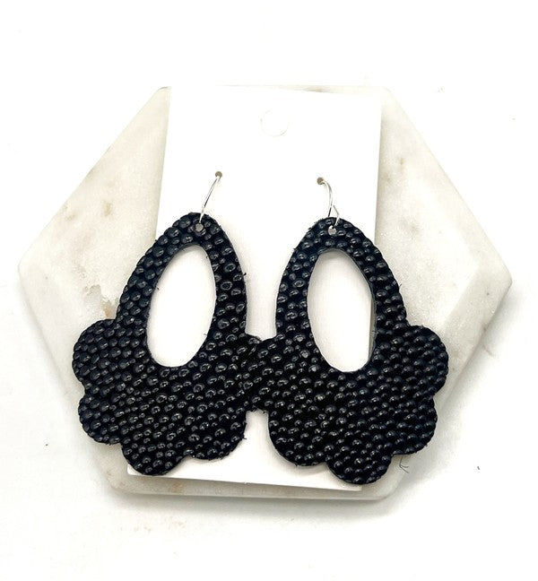 Black Pebble Flourish Flower Leather Earrings