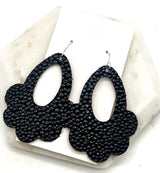 Black Pebble Flourish Flower Leather Earrings