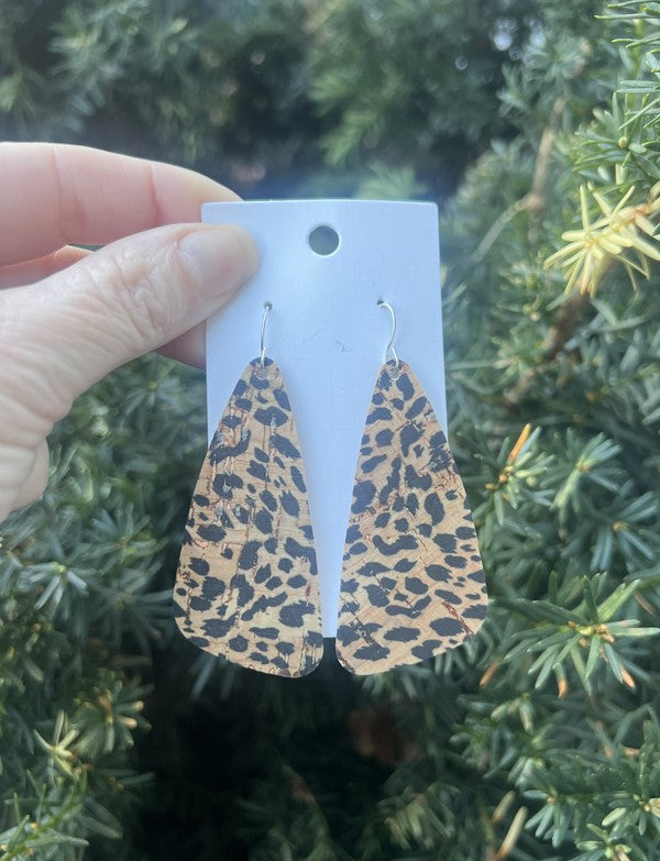 Leopard Corkleather Angle Wedge Leather Earrings