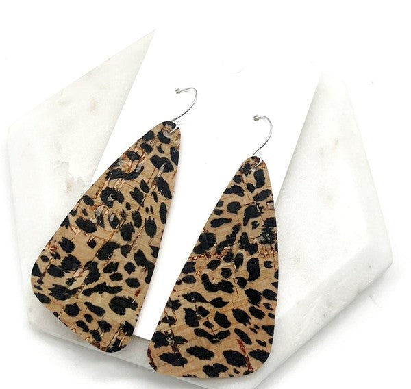 Leopard Corkleather Angle Wedge Leather Earrings