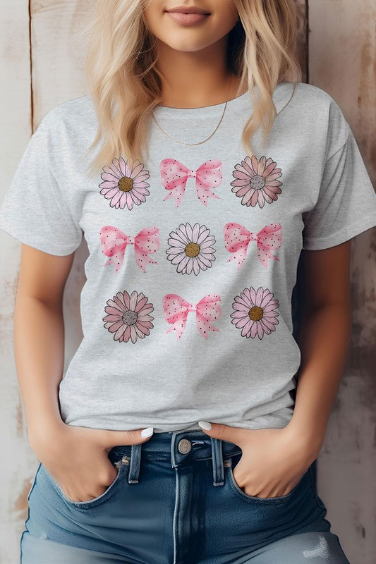 Coquette Pink Bow Daisy Flower Boho Graphic Tee