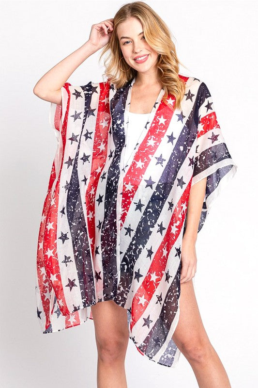 Distressed American Flag Mix Printed Light Kimono