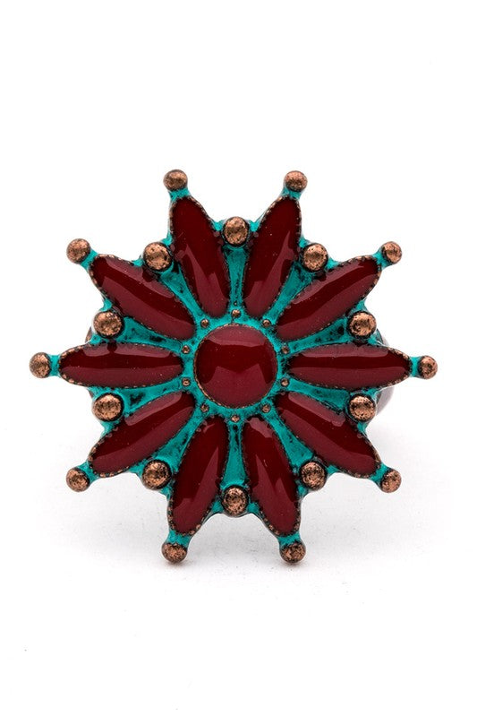 Enamel Flower Patina Vintage Stretch Ring