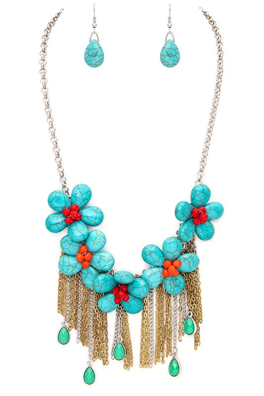 Turquoise Flower Fringe Chain Necklace Set