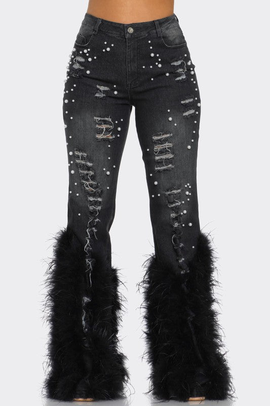 Distressed Pearl Embellished Feather Detail Jeans