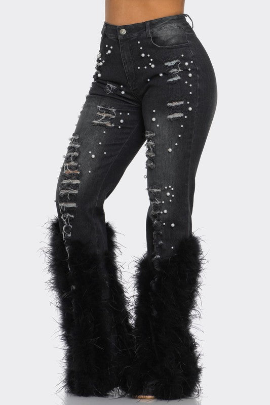 Distressed Pearl Embellished Feather Detail Jeans