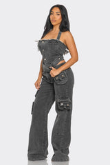 Dual-Tone Utility Denim Jumpsuit