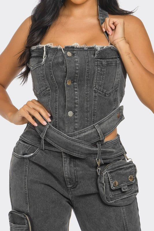 Dual-Tone Utility Denim Jumpsuit