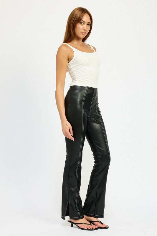 HIGH WAIST LEATHER PANTS WITH CONTRASTED STITCH