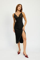 SATIN LACE CAMI MIDI DRESS WITH SLIT