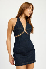 HALTER NECK MINI DENIM DRESS WITH CUT OUT