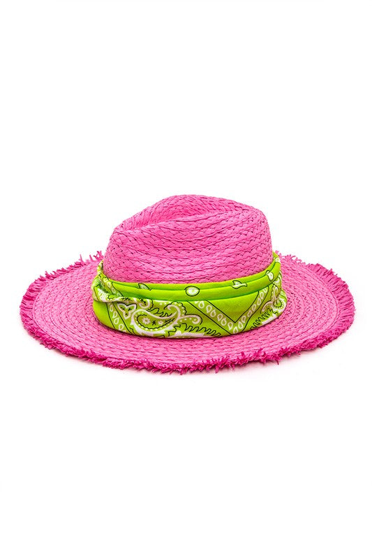 Bandana Fuchsia Raw Edge Straw Fedora