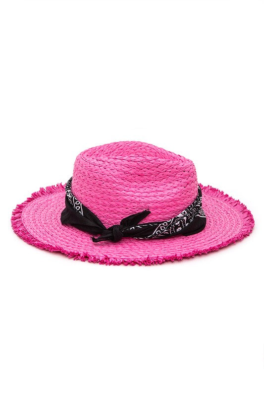 Bandana Fuchsia Raw Edge Straw Fedora