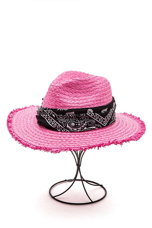 Bandana Fuchsia Raw Edge Straw Fedora