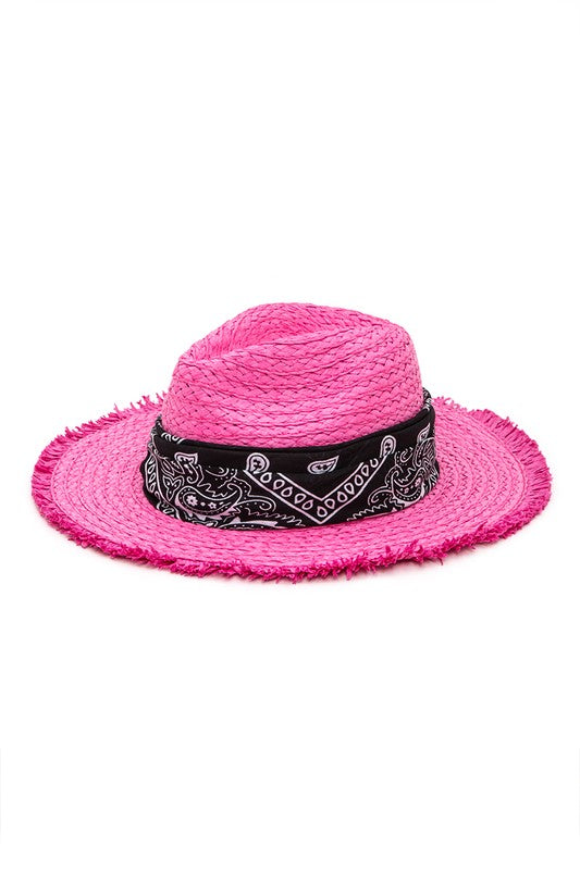 Bandana Fuchsia Raw Edge Straw Fedora