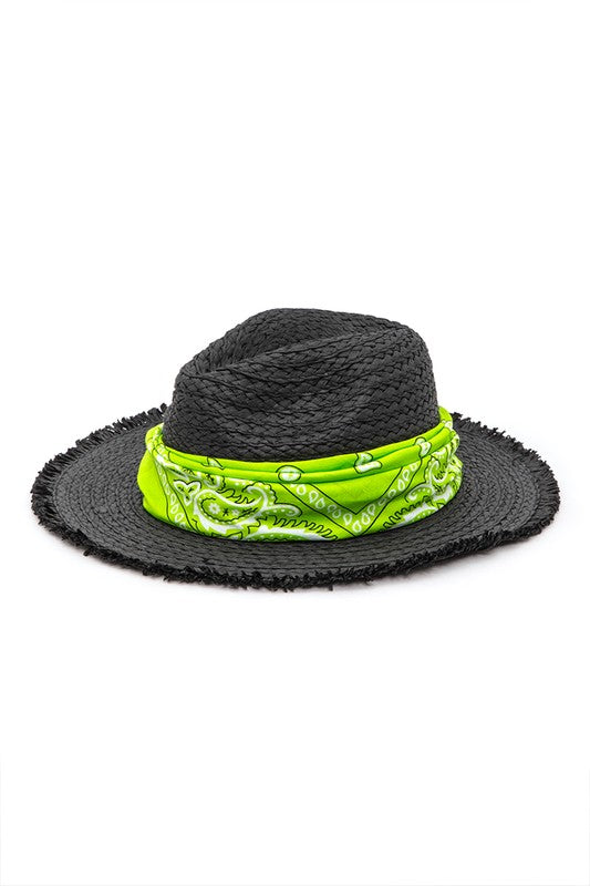 Bandana Raw Edge Black Straw Fedora