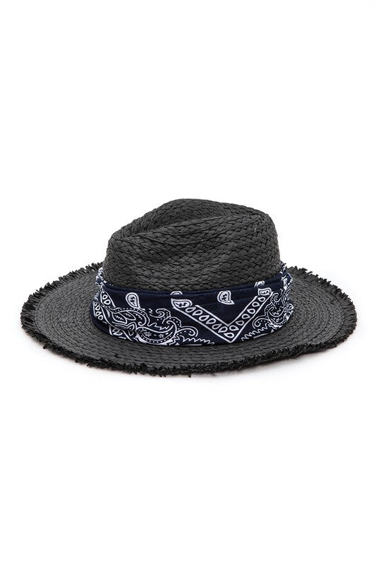 Bandana Raw Edge Black Straw Fedora