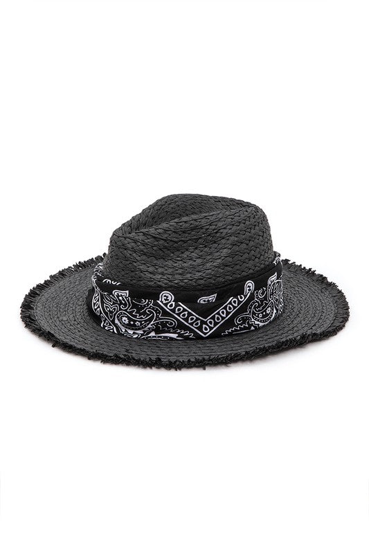 Bandana Raw Edge Black Straw Fedora