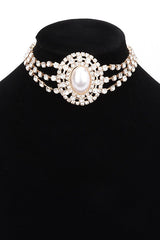 Faux Pearl Rhinestone Statement Choker Necklace