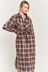 PLAID PRINT COLLAR LONG SHIRT DRESS PLUS