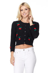 Cherry Crochet Pom Pom Cropped Cardigan Sweater