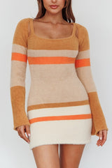 Fuzzy Knit Long Sleeved Multi Stripe Mini Dress