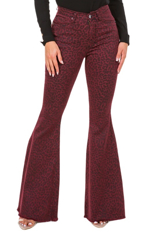 Leopard Bell Bottom Jean in Burgundy