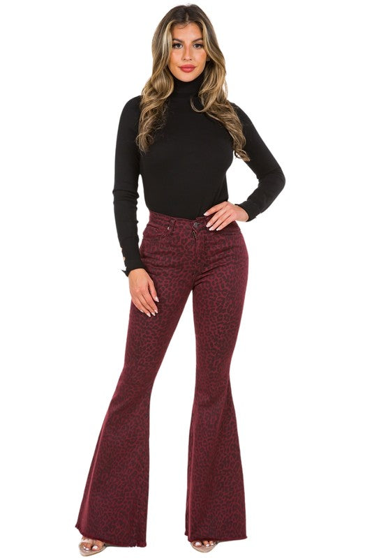 Leopard Bell Bottom Jean in Burgundy