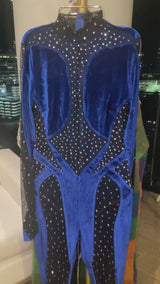 Blue Velvet Luxe Rhinestone Bodycon Jumpsuit