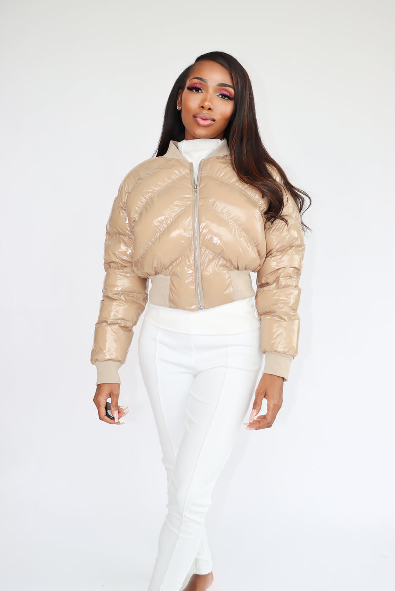 Chevron Stitched Cropped Puffer Coat
